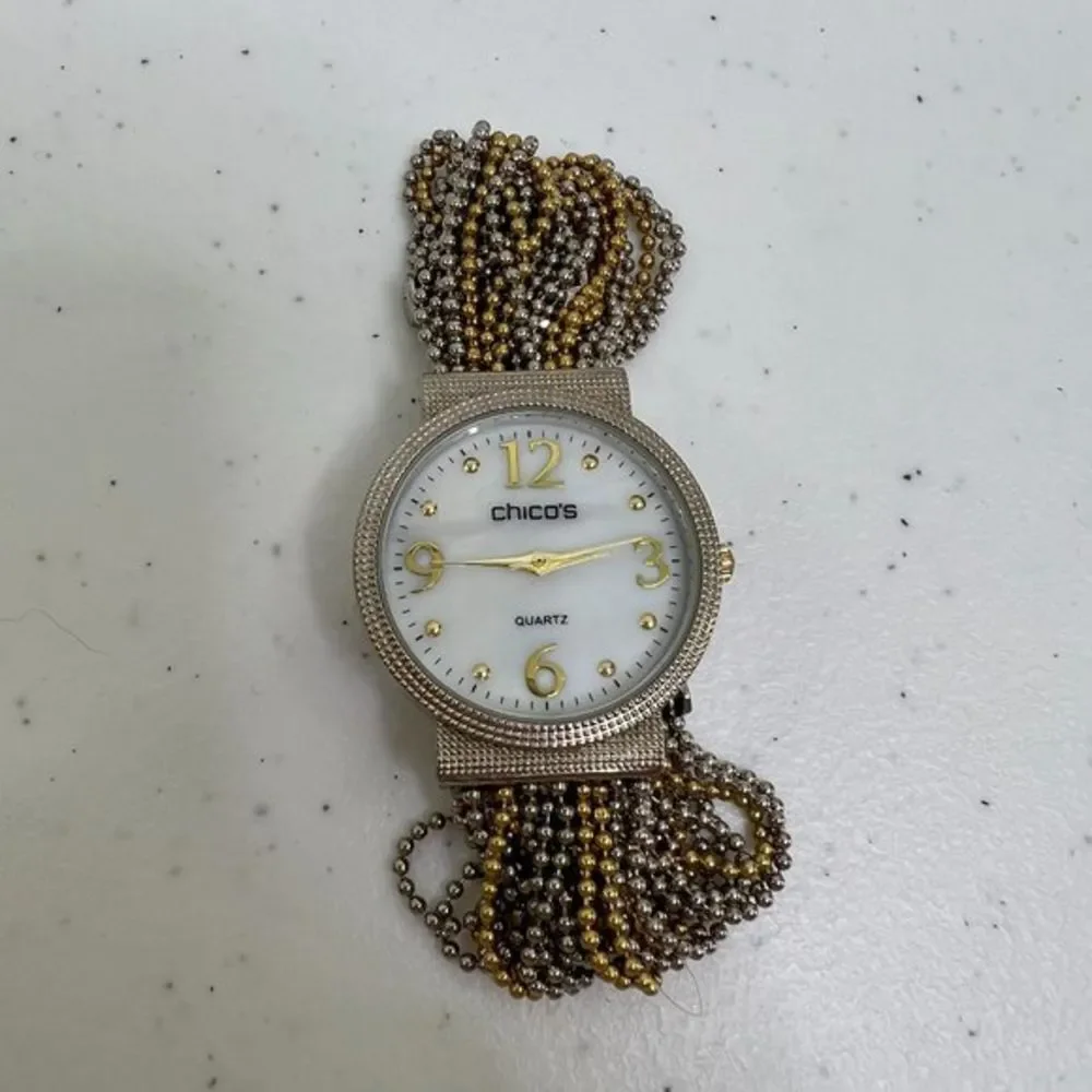 Chicos‎ Watch Chain Multi Strand Mixed Metal Gold Silver Tone Big Face White